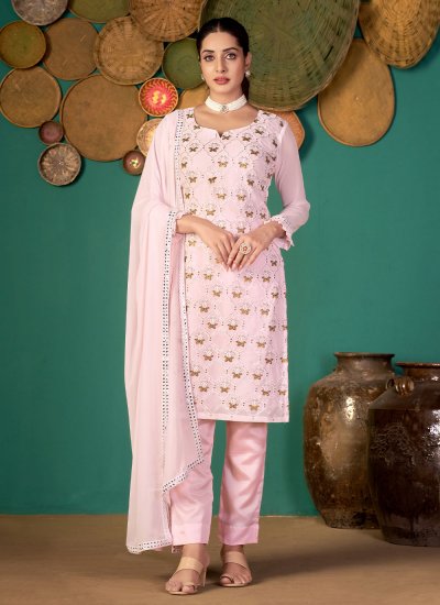 Bedazzling Pink Embroidered Faux Georgette Pant Style Suit