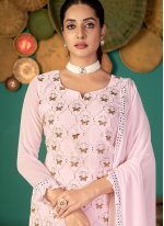 Bedazzling Pink Embroidered Faux Georgette Pant Style Suit