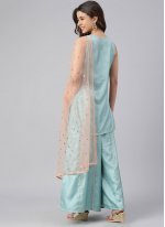 Bedazzling Poly Silk Border Aqua Blue Readymade Salwar Suit