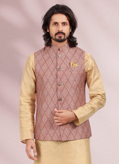 
                            Beige and Maroon Banarasi Silk Printed Kurta Payjama With Jacket
