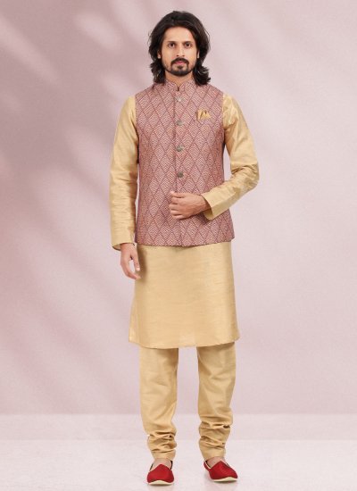 Beige and Maroon Banarasi Silk Printed Kurta Payjama With Jacket
