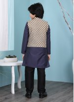 Beige and Navy Blue Printed Cotton Silk Kurta Payjama With Jacket