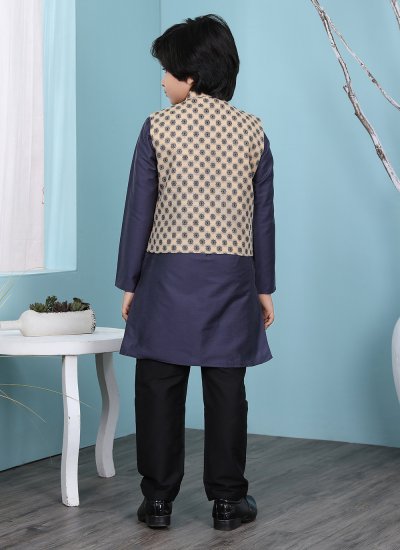 
                            Beige and Navy Blue Printed Cotton Silk Kurta Payjama With Jacket