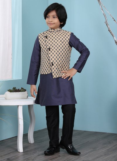 Beige and Navy Blue Printed Cotton Silk Kurta Payjama With Jacket