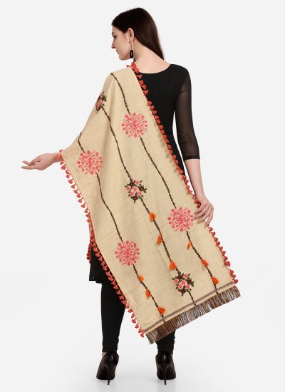 Beige Embroidered Cotton Designer Dupatta