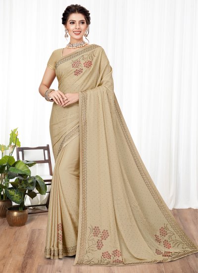 Beige Embroidered Fancy Fabric Designer Traditional Saree