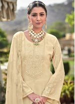 Beige Embroidered Party Designer Straight Suit