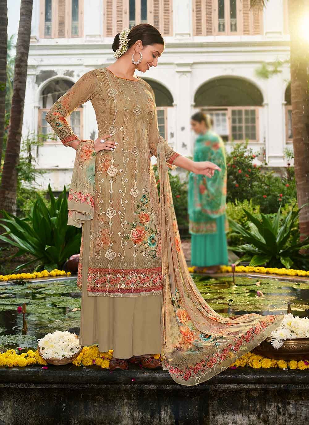 Beige Faux Georgette Designer Pakistani Salwar Suit -