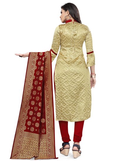 Best Weaving Beige Banarasi Silk Churidar Designer Suit