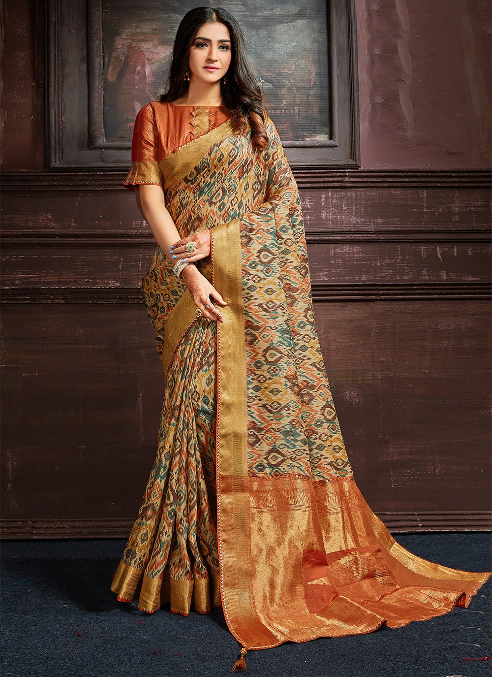 Cream Bhagalpuri Silk Pant Style Salwar Suit -