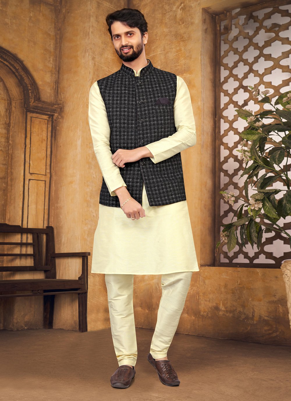 Kurta pajama with deals nehru jacket for engagement