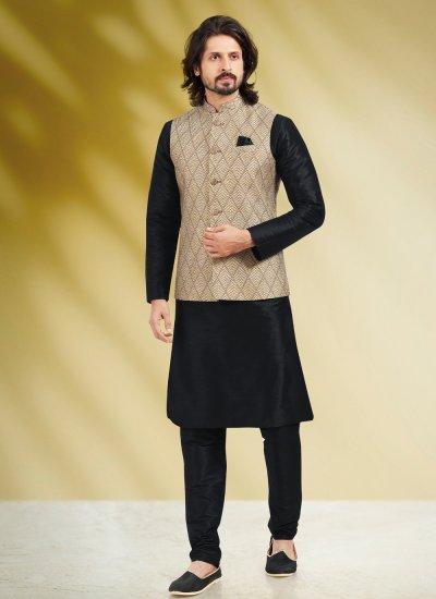 Black and Cream Printed Banarasi Silk Kurta Payjama With Jacket