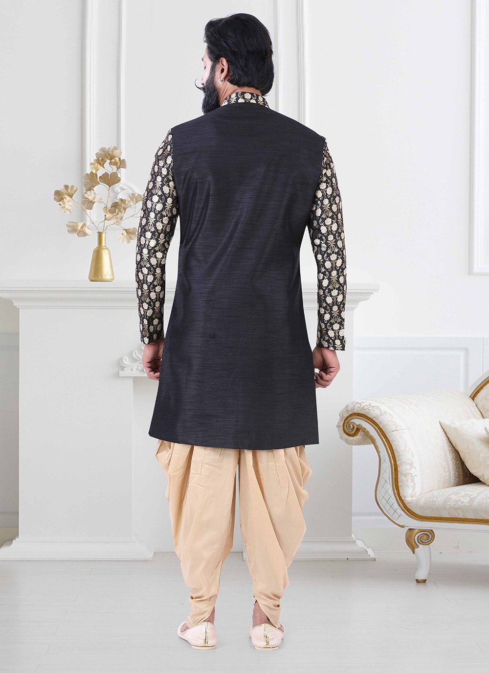 Ratan FJD Black and Gold Jacquard Wedding Indo Western