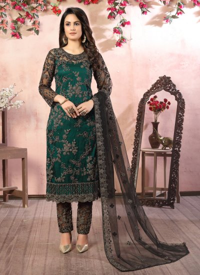 Black and Green Embroidered Pant Style Suit