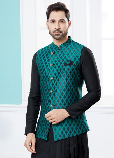 Black and Green Jacquard Work Indo Western