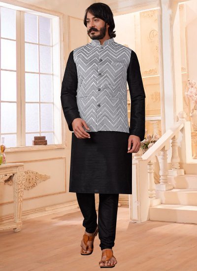 Black and Grey Art Silk Mehndi Kurta Payjama With Jacket