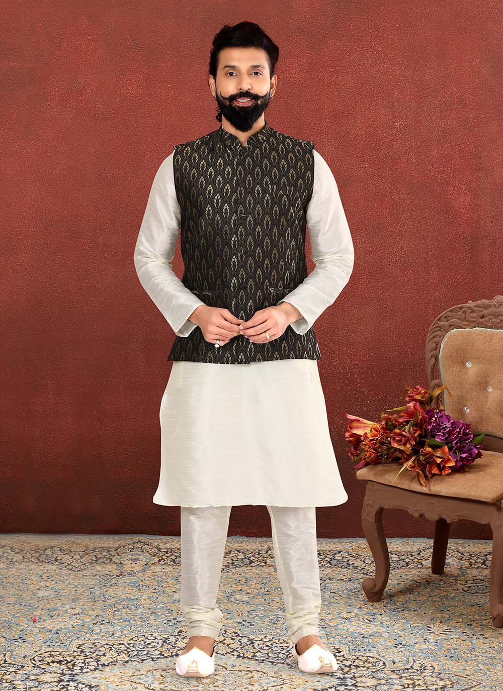 Black kurta with white jacket best sale