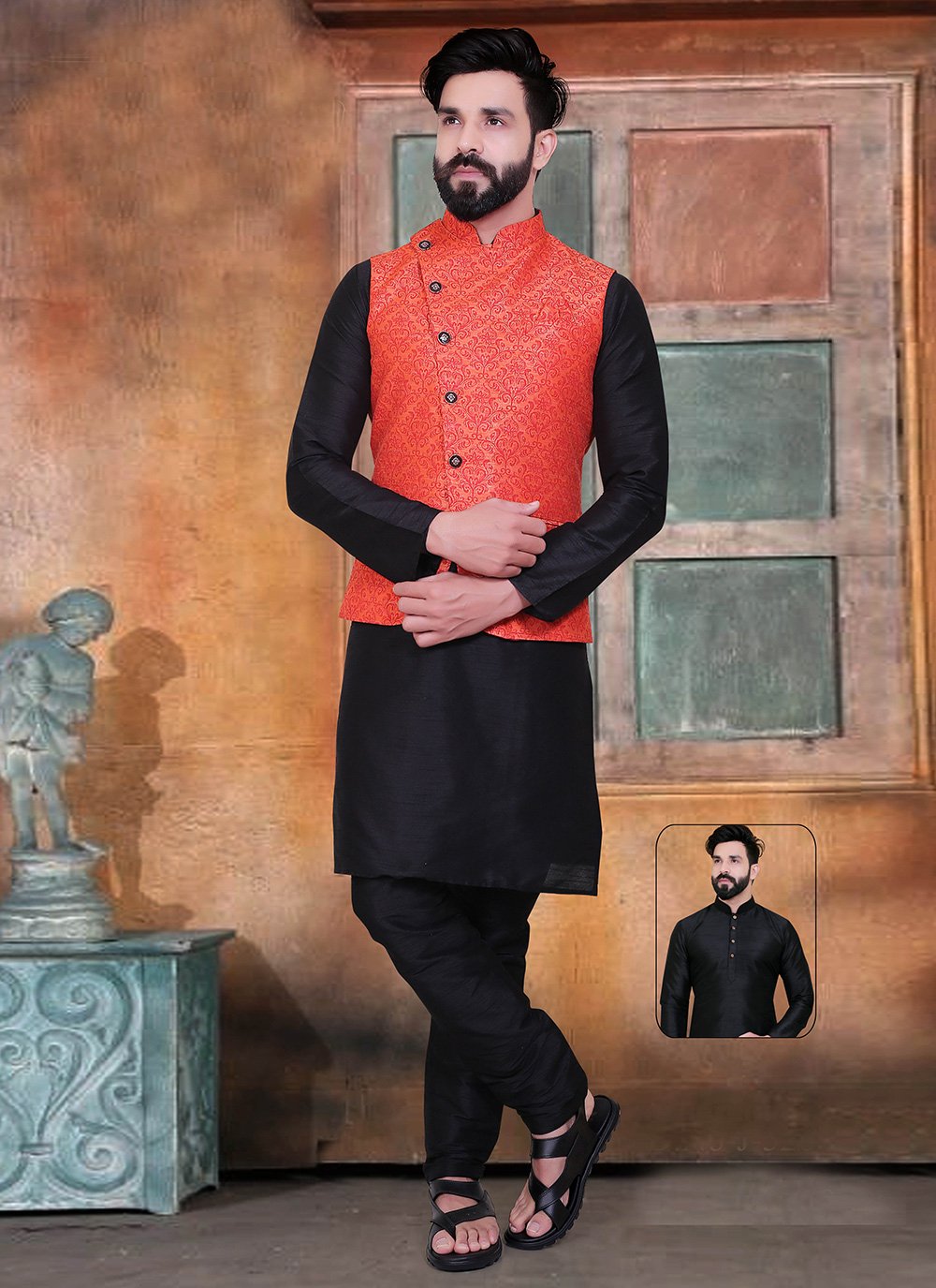 Black and Orange Silk Kurta Payjama With Jacket
