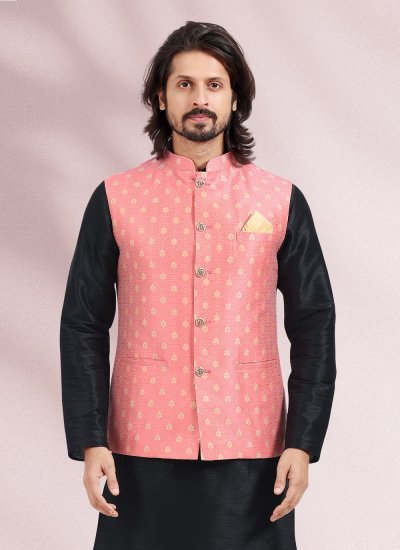 Black and Pink Jacquard Jacquard Work Kurta Payjama With Jacket