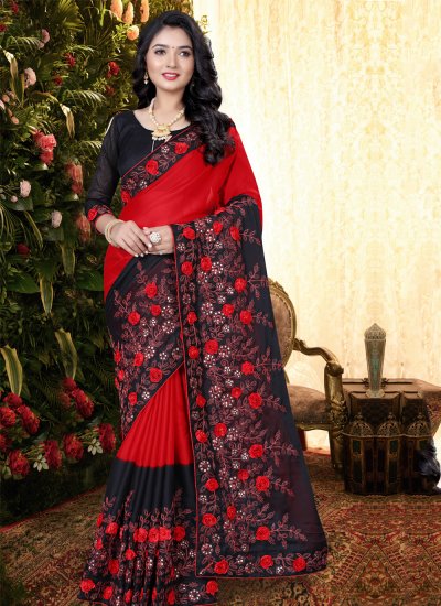 Black and Red Party Silk Classic Saree