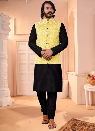 Black and Yellow Cotton Mirror Kurta Payjama With Jacket