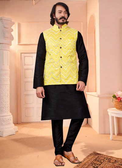 Black and Yellow Mehndi Cotton Kurta Payjama With Jacket