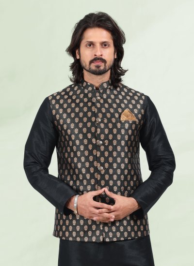 Black Banarasi Silk Kurta Payjama With Jacket