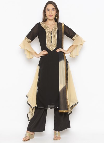 Black Embroidered Georgette Readymade Suit