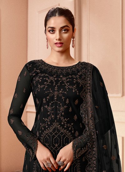Black Embroidered Net Palazzo Suit