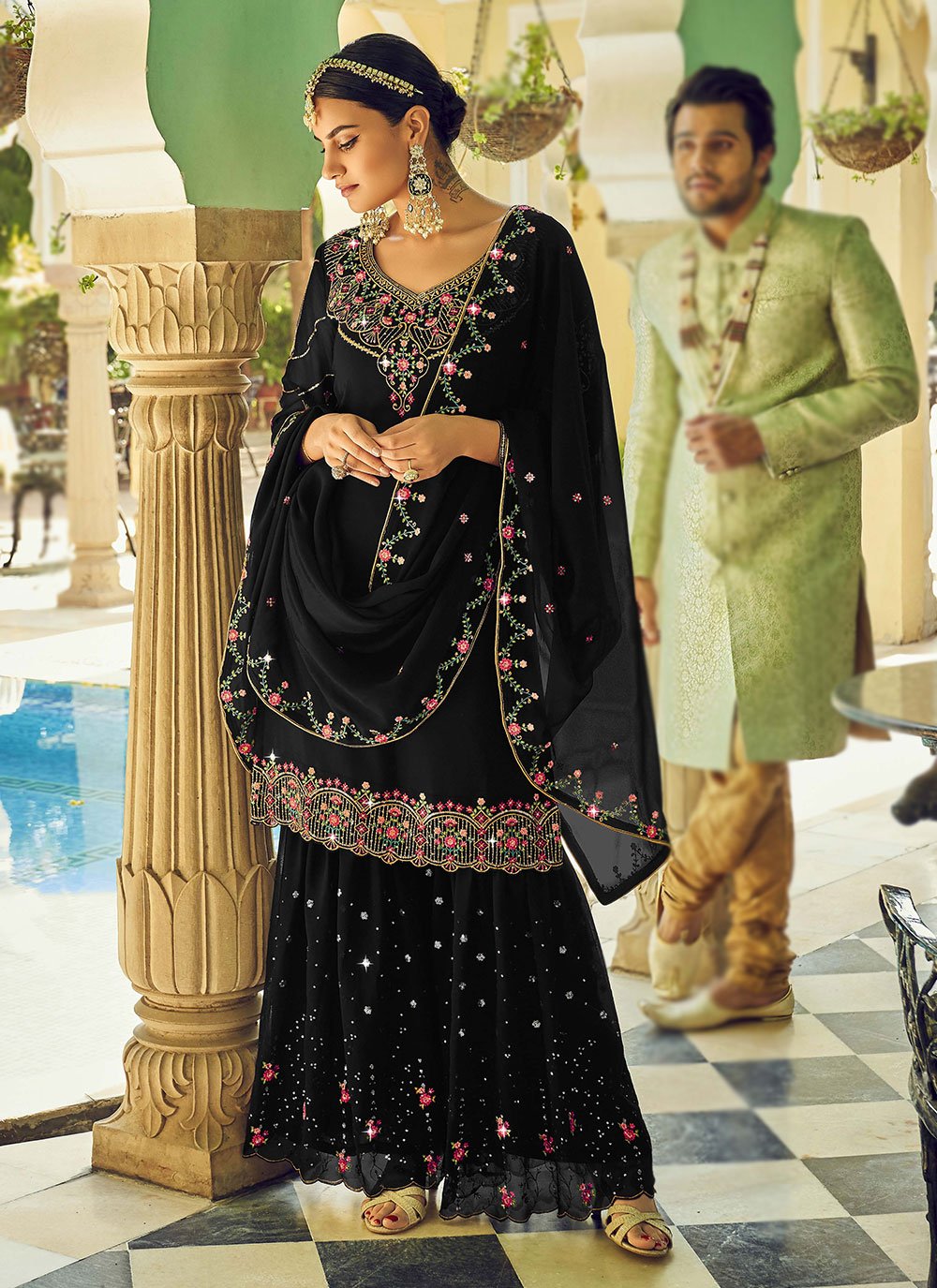 Georgette Embroidery Plazo Design Black Faux Georgette Embroidered