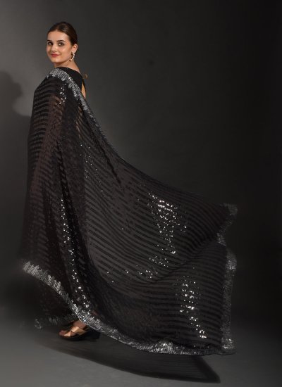 Black Georgette Embroidered Contemporary Saree