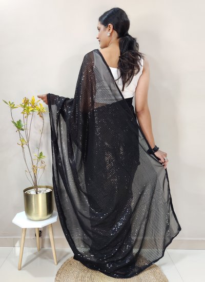 Black Georgette Sequins Contemporary Style Saree