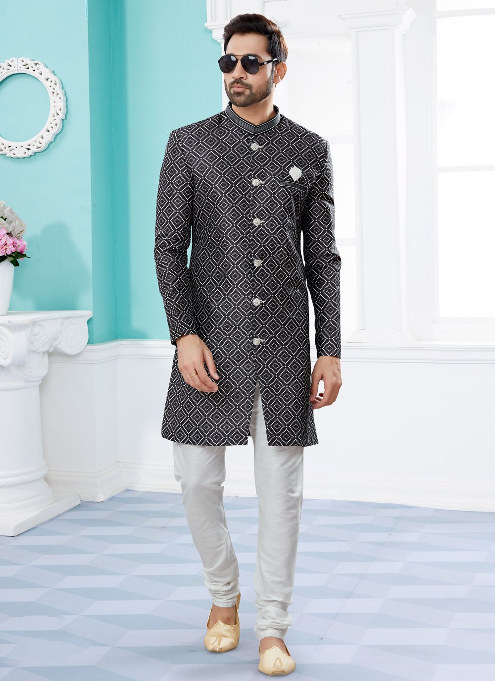 Black jacquard indo western sherwani best sale