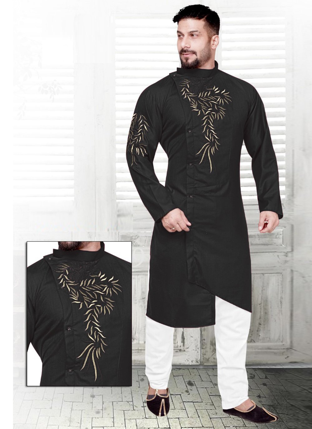 Rohit Bal Matka Silk Embroidered Sherwani | Black, Resham, Matka Silk,  Mandarin, Full | Sherwani, Sherwani for men, Women wedding guest dresses