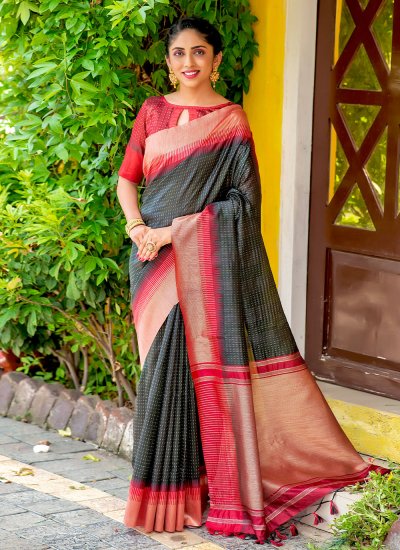 Black Woven Silk Contemporary Saree