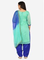Blended Cotton Aqua Blue Embroidered Patiala Suit
