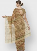 Blended Cotton Beige and Brown Printed Saree