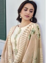Blended Cotton Beige Printed Designer Pakistani Suit
