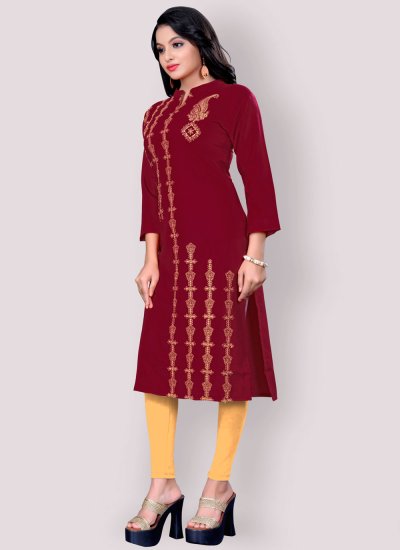 Blended Cotton Embroidered Maroon Party Wear Kurti