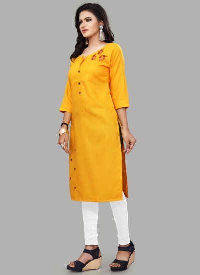 Blended Cotton Embroidered Yellow Party Wear Kurti