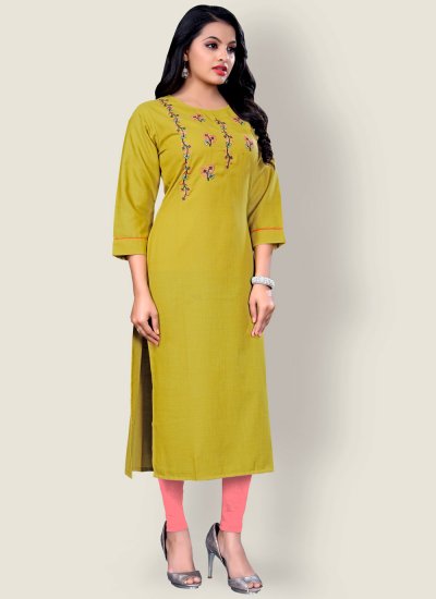 Blended Cotton Party Wear Kurti in Green