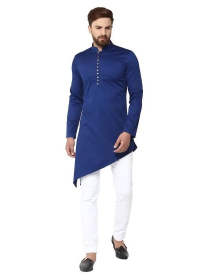 Blended Cotton Plain Indo Western in Blue