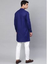 Blended Cotton Plain Kurta Pyjama in Blue