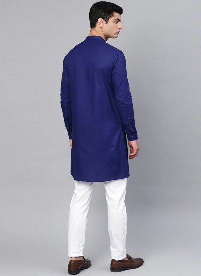 
                            Blended Cotton Plain Kurta Pyjama in Blue
