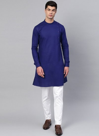Blended Cotton Plain Kurta Pyjama in Blue