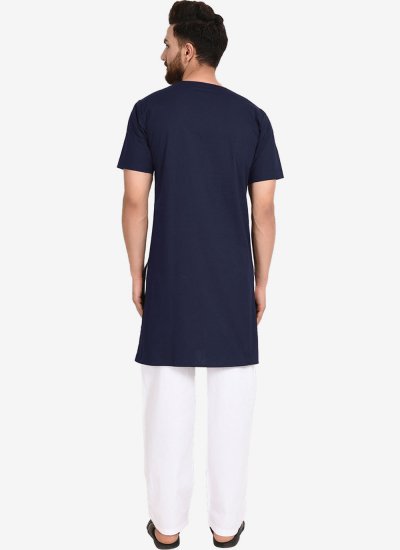 Blended Cotton Plain Kurta Pyjama in Navy Blue
