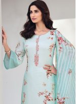 Blended Cotton Printed Designer Pakistani Salwar Suit in Turquoise