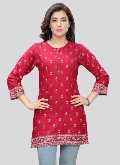 Blended Cotton Red Printed Casual Kurti