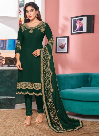 Blissful Green Embroidered Faux Georgette Churidar Designer Suit