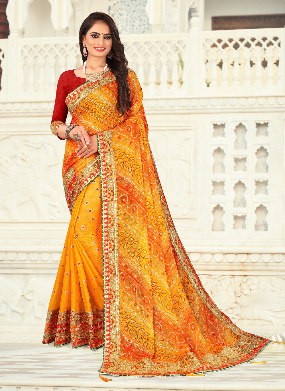 Handloom Georgette Banarasi Bandhani Saree In Yellow Color – Sankalp The  Bandhej Shoppe